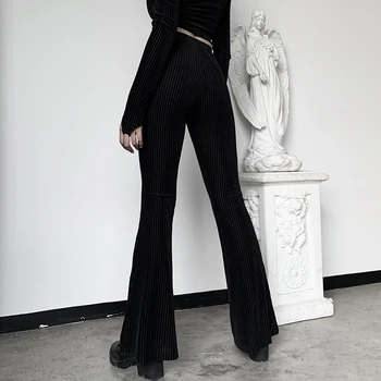 Дамски секси черно кадифе разкроена панталони с висока талия, обикновена, приталенные, модерни всекидневни плетени панталони с широки штанинами, спортни гамаши