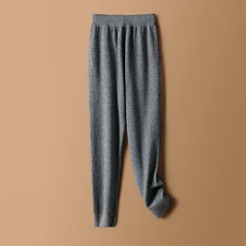 Есенни и зимни, нови вълнени панталони на чист цвят, кашмир трикотажни панталони, дамски свободни 100 ~ вълнени панталони с висока талия са универсални