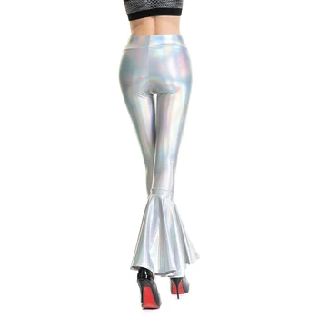 Hirigin Модни дамски блестящи метални разкроена гамаши с глоба висока талия в ретро стил диско Разкроена панталони за партита в нощен клуб