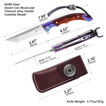Сгъваеми ножове за джобни ножове с преден край,Острието M390 и дръжка от железен дърво с метален клипс за джоб и ножнами от телешка кожа,нож ECD