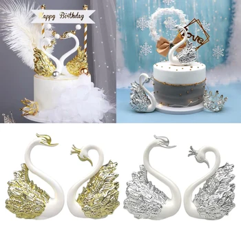 1 Чифт Романтична Лебединый Торта Topper Златна и Сребърна Корона Лебединый Торта Topper Сладкиши Сватбена Торта За Рожден Ден Украса Статуя