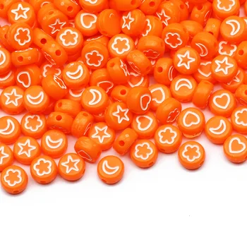 Смесени Бели Звезди/Луната/Сърцето/Цветя Модел Акрилни Мъниста Оранжеви Кръгли Плоски Свободни Мъниста За Направата На Ръчно Изработени Бижута Направи Си Сам Пособия