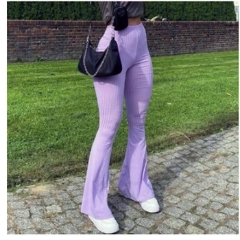 Дамски оребрени трикотажни панталони-клеш с висока талия Пурпурни ластични фини ластични панталони-клеш Всекидневни спортни панталони Y2K на 90-те години на Панталони 2021
