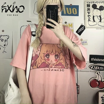 Скъпа мультяшная дрехи с принтом Японска градинска облекло Harajuku Розово Kawai Ежедневни блузи Ulzzang Свободни тениски Нова лятна дамска тениска