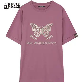 ELFSACK Harajuku Пеперуда Бродерия Случайни Пуловер Тениски, Дамски,2021 Есента Реколта с къс ръкав Дамски Ежедневни блузи
