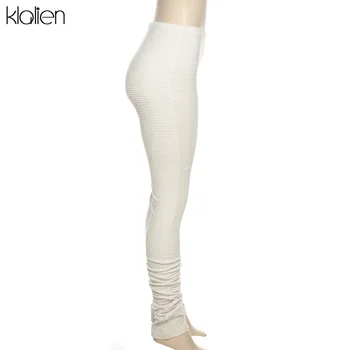 KLALIEN Есен Висока талия и Тесни обикновена бяла сгъстено женски гамаши 2021 Нови Ежедневни Дивите улични дамски панталони с набивкой