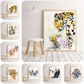 Акварел панда жираф заек лисица леопард скандинавски плакат животно стенно изкуство живопис картина за украса на качеството на платно за живопис