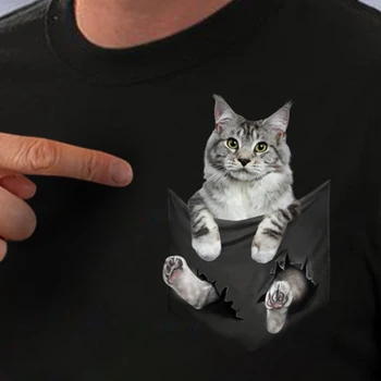 Памучен тениска CLOOCL Лятна забавно Бомбай Черна котка в джоба си Тениска, за мъже, за жени, Ризи, Блузи Памучни черни тениски Потници