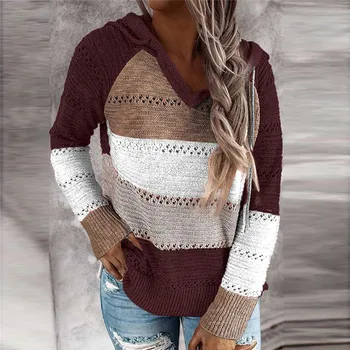2020 Есенен пуловер Женски секси V-образно деколте вязаный пуловер Пуловер Случайни мятый Мек тънък есенен женски пуловер с качулка
