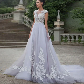 2021 Елегантно бяло Трапециевидное рокля с илюзията на гърба с аппликацией на ръкавите от тюл Плажна сватбена рокля Сватбена рокля Vestido De Noiva