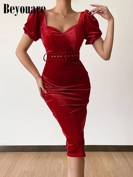 Beyouare Бархатное женствена рокля с гъсти къси ръкави, квадратна яка, колани, облегающими midi-рокли с отворен гръб, Есен 2022, Елегантна вечерна облекло