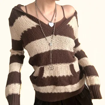 HEYounGIRL V-образно деколте Ежедневните свободни блузи Kawaii Вязаный пуловер райе Корейската мода Скок с дълги ръкави Женски трикотаж зима