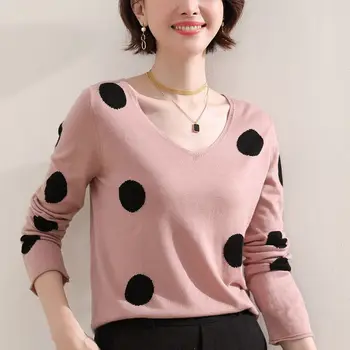 Вязаный пуловер женски пролет 2021 нов V-образно деколте голям грах модерен пуловер в чужд стил риза блузи, памучни