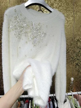 Луксозен зимен топъл пуловер на тежката промишленост за жени с мъниста и пайети, обемни пуловери с цветя