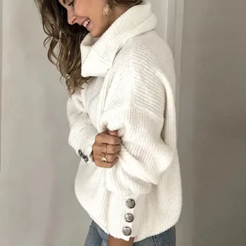 Зимни дамски turtlenecks Пуловер Пуловер копчета с дълъг ръкав Свободни възли пуловери, Блузи Градинска облекло Sueter Mujer Invierno 2021