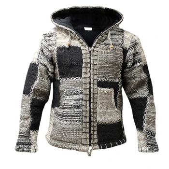 2021 Есен мъжко палто с качулка, мъжко палто-пуловер, мъжко зимно топло палто Harajuku, мозайка палто с цип, Вязаное палто, пуловер с джоб, жилетка