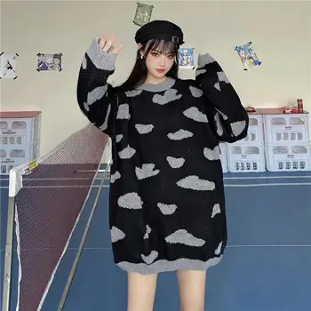 Хоучжоу Есен зима Син вязаный пуловер Корейската мода Градинска облекло Kawaii Чист стил Пуловери Ежедневни Извънгабаритни дамски блузи