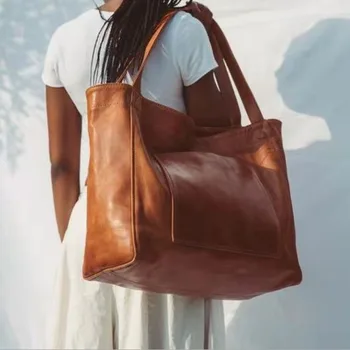 Ретро Маслен Восък Мека Кожена Преносима чанта На рамото Дамска чанта с Голям Капацитет 2021 Нова чанта Чанта на рамото