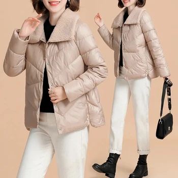 Зимна удебелена памучен яке-ватник Дамски корея яке с яка от изкуствена кожа, однобортная яке-пуховик, однотонная къса горна дреха