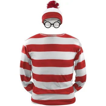 Къде е Уолдо сега Червени и бели Ивици Cosplay Костюм За възрастни Мъжки Пуловер, Тениска+Шапка+Очила Мъже Мъже Коледно парти Необичайно облекло