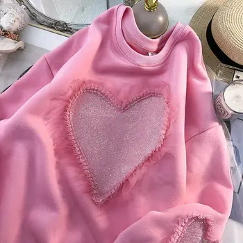 Дамски Ежедневни hoody с принтом на сърцето и диаманти с дълъг ръкав Розов пуловер Върховете Корейски чист стил Палто с качулка Harajuku