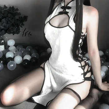 Еротичен Аниме Cosplay Костюм и Черно - бяла рокля Жена, завързана облекло Необичаен Оборудвана Костюм, с отворени гърди Униформи Секси Чонсам