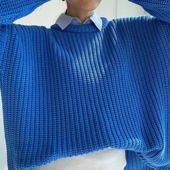Елегантен монофонични вязаный пуловер голям размер Есен 2021 с дълъг ръкав и кръгло деколте Реколта ежедневни сгъстено свободни пуловери Градинска облекло
