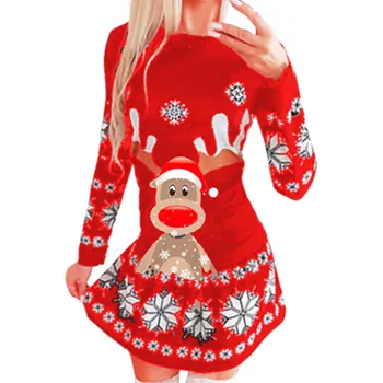 Секси Коледна рокля-пуловер Мода Есен Зима с дълъг ръкав Рокля с принтом Женски Коледни Мини-рокли 2021 Върховете Нови жени