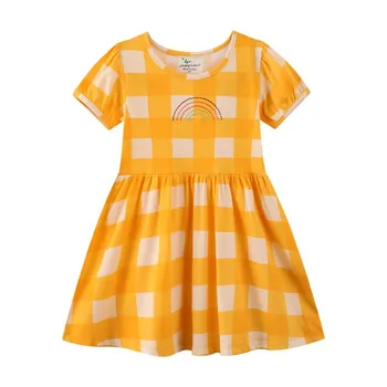 Скокове метра Нов прием на Летни рокли за момичета Детски жълто облекло Дъгата Сладък детски костюм Горещи продажба на Рокли за момичета