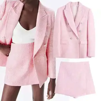Розово сако Офис дама 2021 Карирани Модерен двубортный на извънгабаритни дълго сако Жена топ с дълъг ръкав и джоб Розов костюм