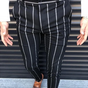 Мъжки панталони Chinos Slim Fit Тесни Панталони за мъже Панталони Чино в клетката Дизайн Модерен сив с ленти на Ежедневните обикновена Панталони 2021