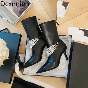 Есенни нови тънки ботильоны обувки с високи токчета За жени Модни дамски обувки с остър пръсти Дамски кожени къси ботуши с мъниста Женски 2021