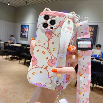 Калъф Hello Kitty е Сладък за iPhone 13/13Pro/13Promax/13min/X/XR/XS/XSMAX/11/12Pro Телефон Включва Калъф за китките с въже, Прекрасен Розов