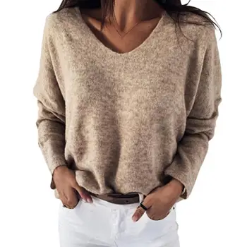 Дамски есенни свободни обикновена V-образно деколте с дълъг ръкав Плюшено пуловер Пуловер Топ