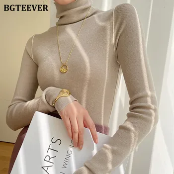 BGTEEVER Модни поло За жени Тънки плетени пуловери с дълъг ръкав и Тесни, тънки дамски пуловери, Блузи 2021 Есен зима