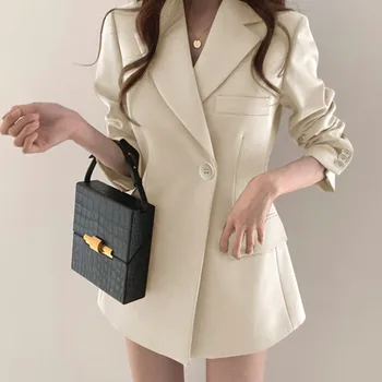 2022 Нов Корейски Дълъг женски блейзър Яке е Шик Елегантен Офис дама Случайни тънък костюм Блейзери y2k Бяло палто Работна дамски връхни дрехи