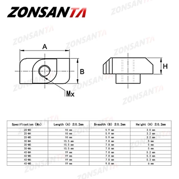 ZONSANTA Т-образна гайка M3 M4 M5 M6 M8 Т-образна гайка Чук с Плъзгаща глава Детайли за 3D-принтер Конектор за Закрепване 2020 3030 4040 Алуминиев Профил