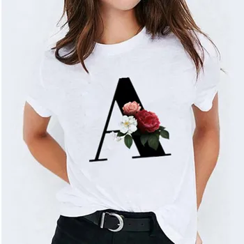 2021 Нови дамски тениски на 26 букви от A-Z бял печатни принт 