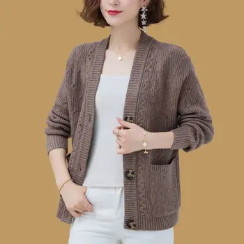 Ретро кратък пуловер, жилетка Женски корейски стил однобортное вязаное палто Луксозен трикотаж с винтова резба Однотонная яке