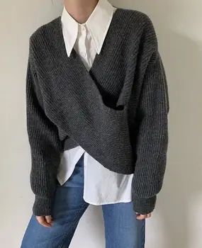 HAASKEW 2021 Есенна мода Нов дамски пуловер пуловер вязаный пуловер с дълъг ръкав Отгоре с V-образно деколте Свободна елегантно яке Тънък оборудвана приятелка