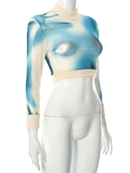 Криптографски Мода Естетически Y2K Разпечатки с дълъг ръкав Мрежести, Прозрачни ризи Дамски секси съкратен върховете на Тениски, Дрехи Градинска облекло