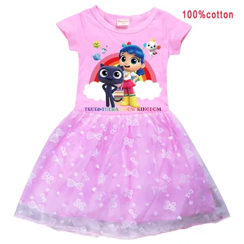 Вярно е и Аниме Rainow Kingdom Дрехи за деца Бартлби Котка Фигура Графична тениска Марлевое сетчатое рокля за малки момичета Рокля на принцеса