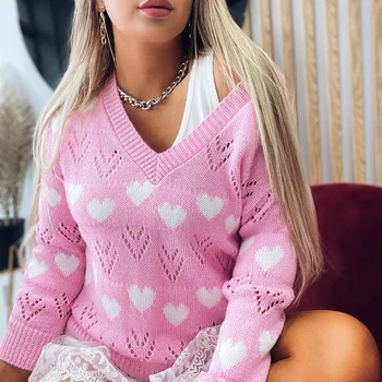 Най-новите възли блузи За жени Кухи вязаный пуловер Пуловер за възрастни Сърдечен модел с дълъг ръкав пуловер с V-образно деколте Плътен цвят 2021