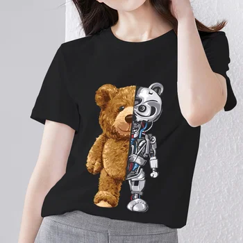 Женска тениска Крайградски топ с анимационни модел Стръмен мечка, серия с принтом, класическа модна тениска с кръгло деколте, удобна мека тениска за жени