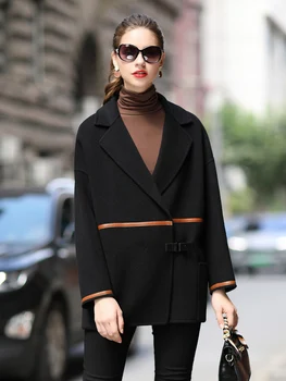 Естествена вълна палто, Модни Проста дамско яке Извънгабаритни дамски палта Двустранен вълнена кърпа Menteau Femme Zjt1365
