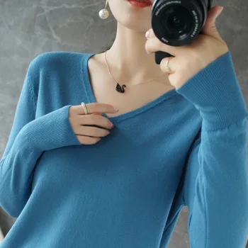 Жена пуловер Есен Зима V-образно деколте Трико С Дълъг ръкав Свободен вълнен пуловер Пуловер Дама Евтини Качество Жилетка Възли върховете