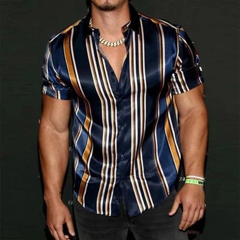 Ретро жилетка в райе с принтом Върховете Модерен мъжки ризи Ежедневни ризи с къс ръкав и отложным яка, копчета Мъжка лятна градинска облекло