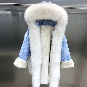 Зимно палто от естествена кожа Женски Бял Сняг Лисици Паркър Деним яке от заек кожа Хастар под формата на прилеп, Свободно палто Бродерия в етнически стил