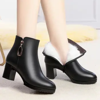 Марка Giyu Дамски обувки от естествена кожа, Топли, вълнени обувки ботильоны на висок ток, Черни, червени бежово зимни обувки 2021 нови зимни обувки