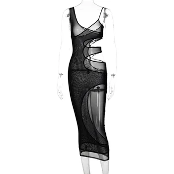 хиригин Секси прозрачно сетчатое дебнещ рокля Клубни екипи, Фалшиви от две части Спагети Колан и Дълги рокли за Макси жени 2021
